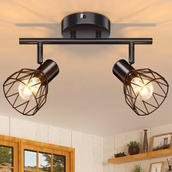 Uniqoos® Lampada da soffitto moderna, nera – Apparecchio a 2 luci con faretti in struttura a gabbia metallica, attacchi E14, ciascun faretto orientabile di 350° e inclinabile di 90°, potenza massima 40 W, montaggio a parete o a soffitto