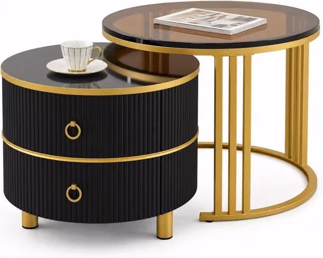 Set di 2 tavolini da caffè rotondi REDOM in vetro e nero con finitura lucida, L/P/H: 70 x 70 x 45 cm e 50 x 50 x 40 cm