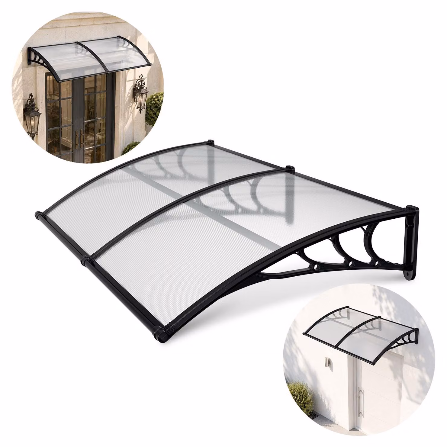 Tettoia per porta d'ingresso Ikodm con grondaia, 200 x 100 cm, realizzata in policarbonato, colore nero/trasparente, adatta per porte e finestre