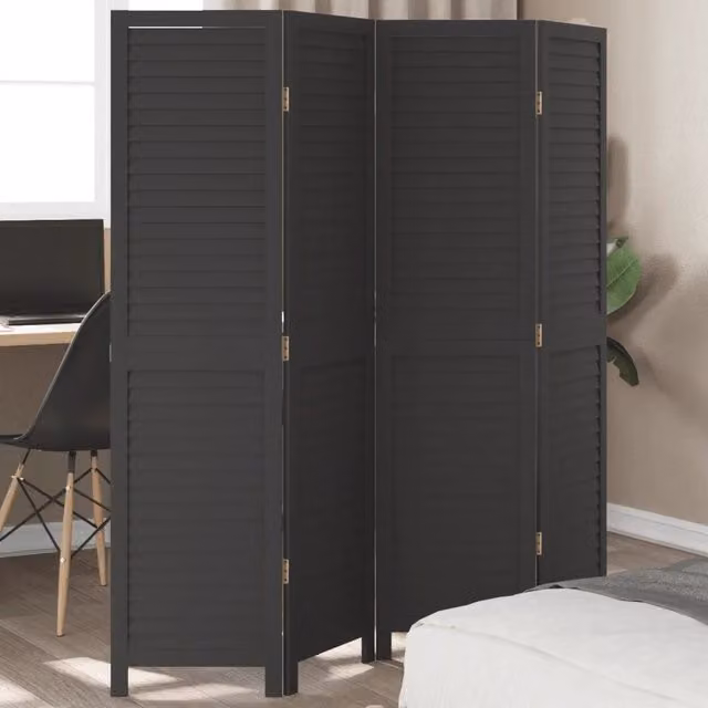 Divisorio Ambienti vidaXL con 4 Pannelli in Legno di Paulownia e Metallo, Nero Opaco, H: 160 cm, L: 145 cm