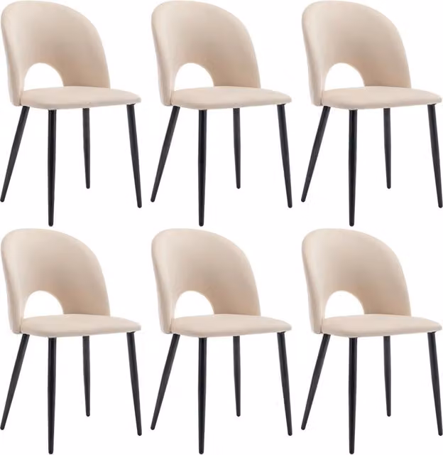 Set di 6 Sedie da Pranzo Beige in Velluto con Gambe Regolabili in Metallo e Schienale con Motivo a Diamante