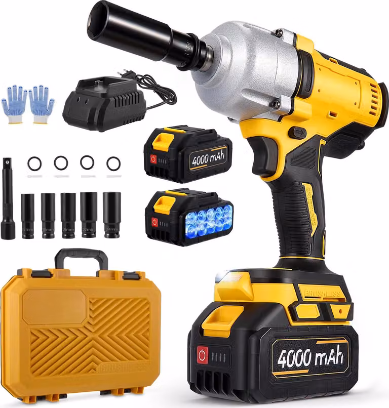 Avvitatore a percussione - 21 V senza spazzole - alimentato a batteria - 2 batterie da 4000 mAh - 3 livelli di potenza - 5 bussole - caricabatteria - prolunga - giallo