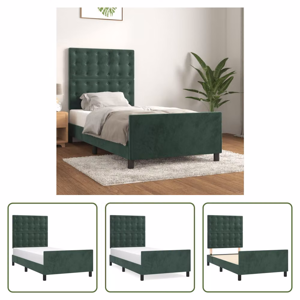 The Living Store Struttura letto con testiera in velluto verde scuro 90x190 cm