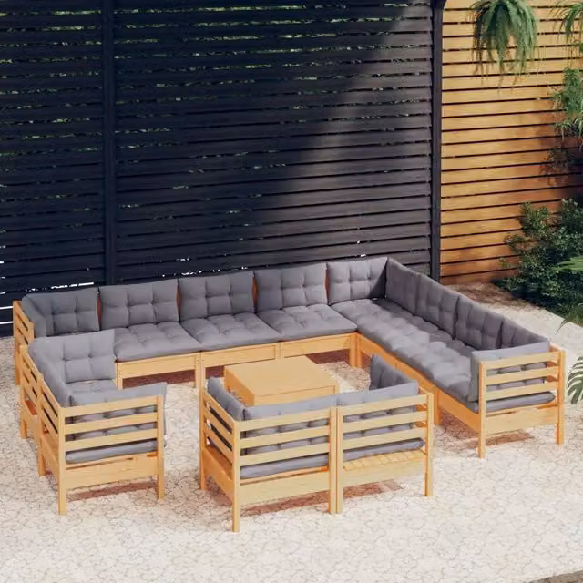 Set di divani da giardino vidaXL a forma di L in legno di pino massiccio con cuscini grigi, composto da 13 pezzi