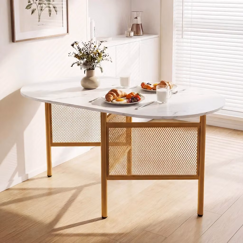 Tavolo da pranzo moderno DESIGN IN con piano ovale effetto marmo bianco e dettagli oro, con ali ribaltabili e struttura a quattro gambe, L: 150 cm, P: 60 cm, H: 75 cm – 2