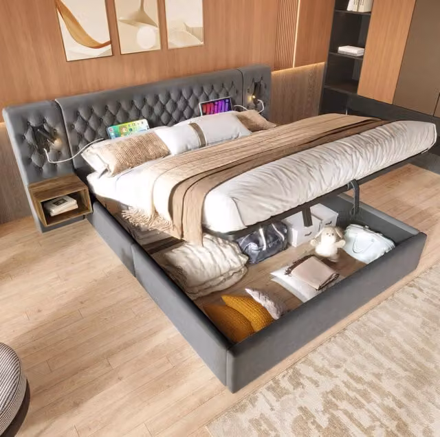 Letto matrimoniale 160x200 cm grigio in velluto con contenitore, LED, senza materasso