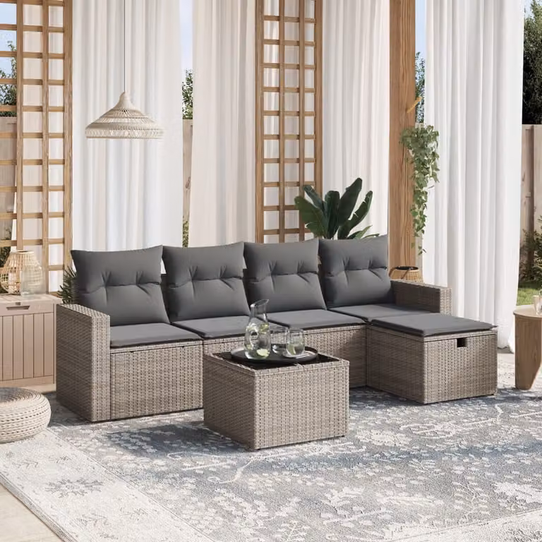 vidaXL Set Divano da Giardino a L 6 pz Grigio con Cuscini e Tavolino in Polyrattan e Metallo