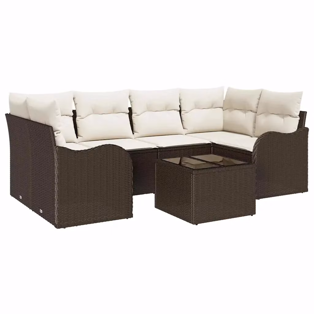 vidaXL Set Divano da Giardino a L con 7 Pezzi, Marrone e Beige, con Cuscini e Tavolino – 2