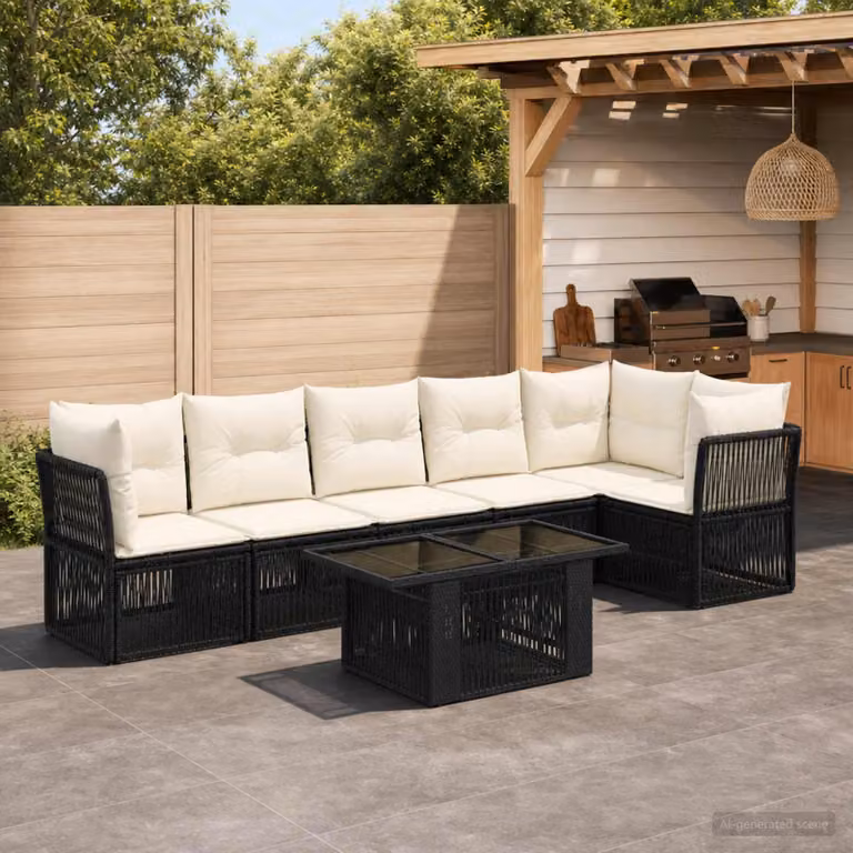 Set Divano da Giardino vidaXL 7 pz in Polyrattan Nero con Cuscini e Tavolino