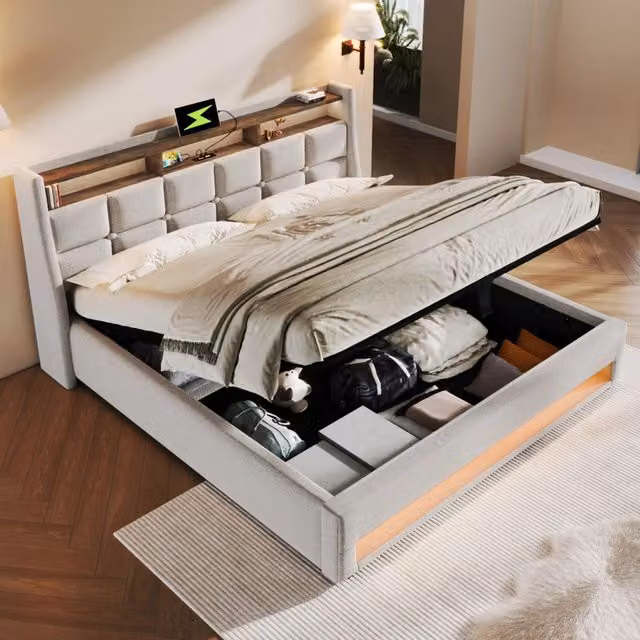 Letto matrimoniale contenitore OKWISH con illuminazione LED, porta USB e ripiano, lino beige, L/P: 160 x 200 cm