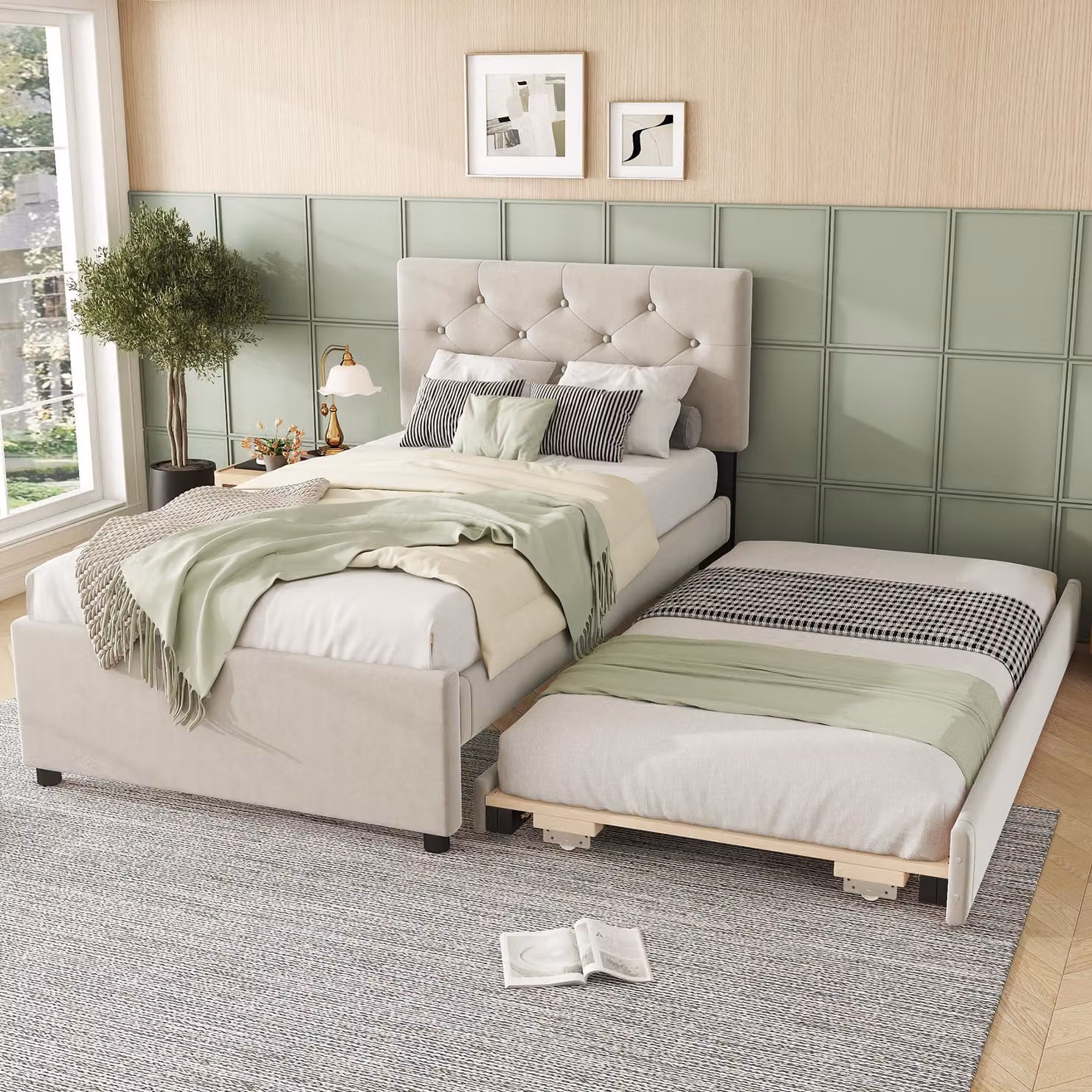 okwish Letto imbottito 90x200 cm con rete a listelli e letto a scomparsa 90x190 cm, letto per ospiti (senza materasso), color beige