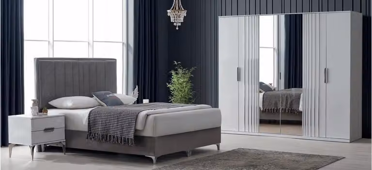 Set armonioso per la camera da letto, composto da letto, armadio e comò da trucco
