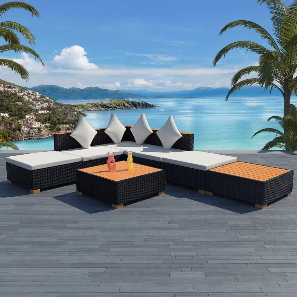 Set di Divani da Giardino vidaXL 7 pz a Forma a L con Cuscini e Tavolino, Polyrattan e Metallo, Nero – 1