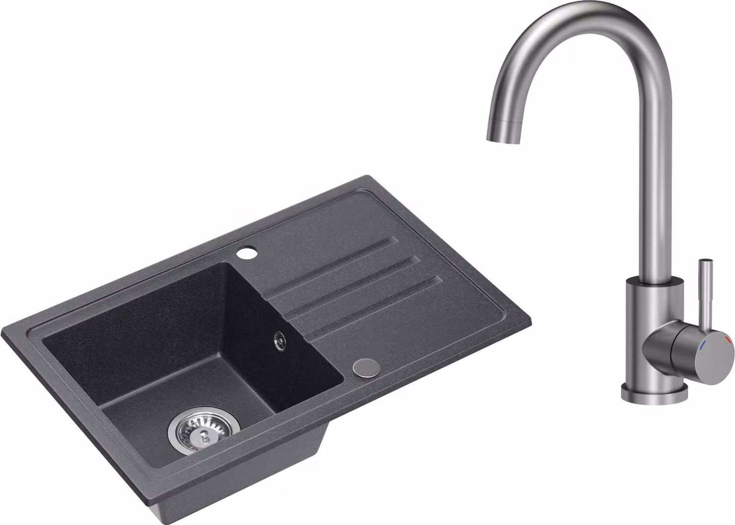 VBChome Lavello in granito nero con rubinetteria 70 x 44 cm Lavello da incasso a vasca singola Lavello in granito reversibile con sifone Lavabo nero con rubinetteria in acciaio inox
