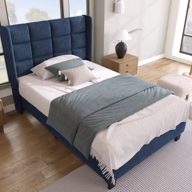 Letto singolo 90x200 cm blu in lino con testiera imbottita