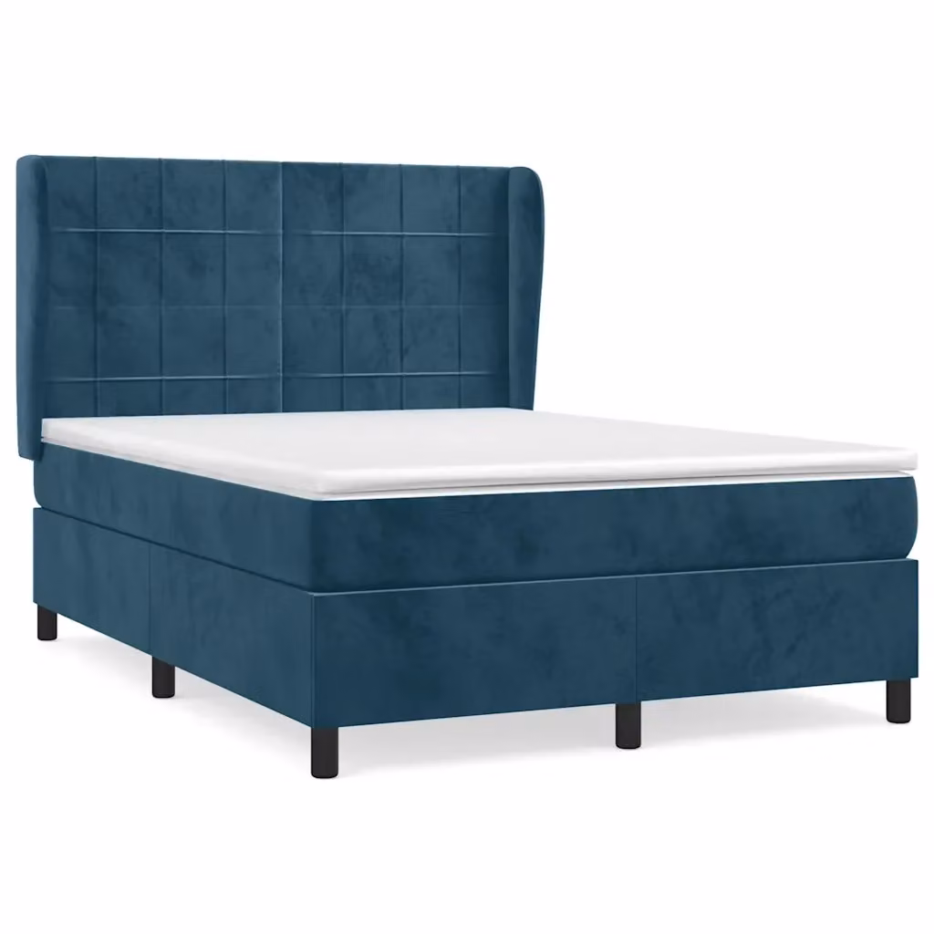 vidaXL Giroletto a Molle con Materasso in Velluto Blu Scuro e Bianco, L/P/H: 140 x 190 x 128 cm – 2
