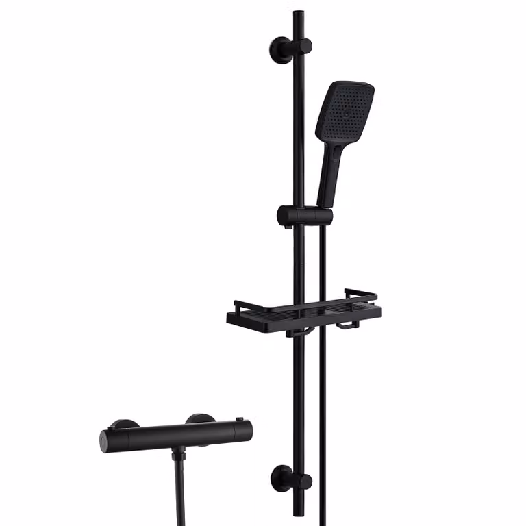 Sistema doccia in acciaio inossidabile JOHO con rubinetteria, set con barra doccia, termostato, doccetta, flessibile e barra doccia da 100 cm con ripiano, nero