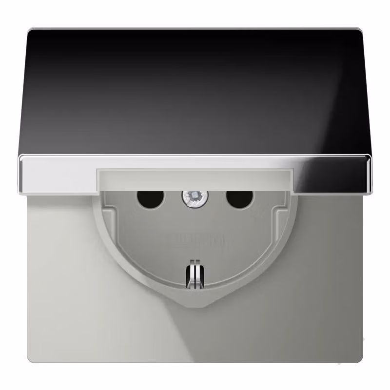 Presa Jung SCHUKO, 16 A 250 V ~, senza ganci, protezione tattile avanzata integrata, coperchio a cerniera, metallo cromato, serie LS, cromo lucido GCR1520KIKL