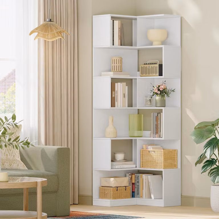 Libreria angolare a 7 ripiani, forma a L, da pavimento, colore bianco, dimensioni 60x54x181,5 cm, modello BC29303X