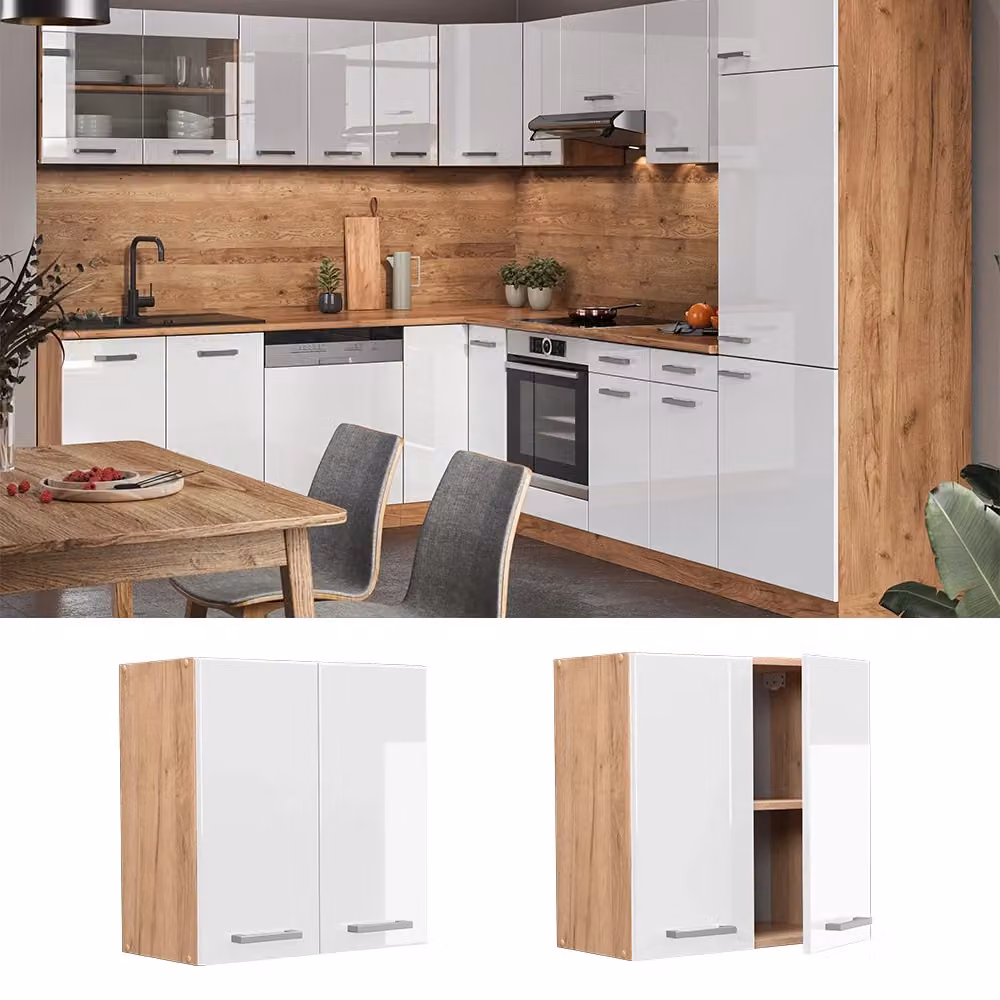Pensile da cucina moderno Vicco con ante a battente, finitura lucida, colori bianco, beige e grigio, L: 60 cm, H: 31 cm – 2