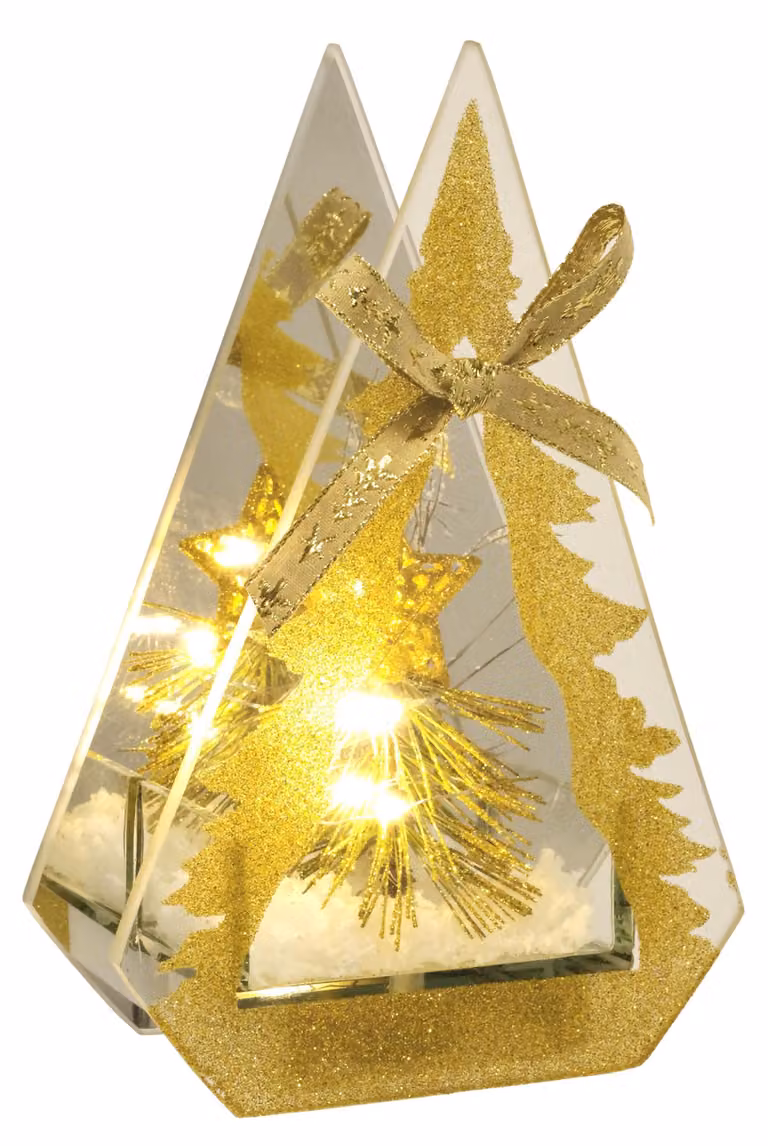 Mini albero di Natale decorativo in vetro, 20 cm, con neve artificiale, effetto 3D, color oro