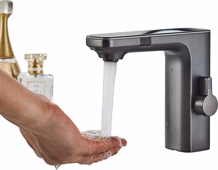 Miscelatore per lavabo, funzionamento touch-free, design contemporaneo, grigio