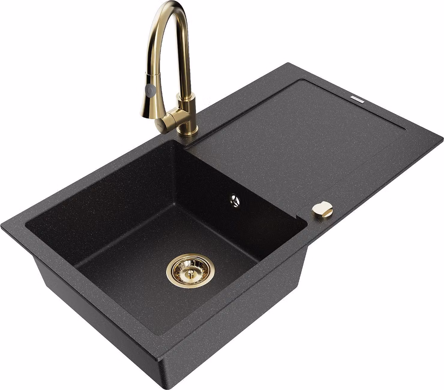 Mexen Leo lavello in granito a 1 vasca con gocciolatoio e rubinetto da cucina Elia, nero/metallo argento - 6501-73-670101-50