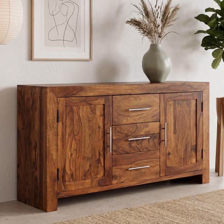 FineBuy Credenza in legno massiccio di Sheesham 120 cm 2 ante e 3 cassetti - Credenza in legno massiccio retrò - Credenza di design naturale - Fatta a mano