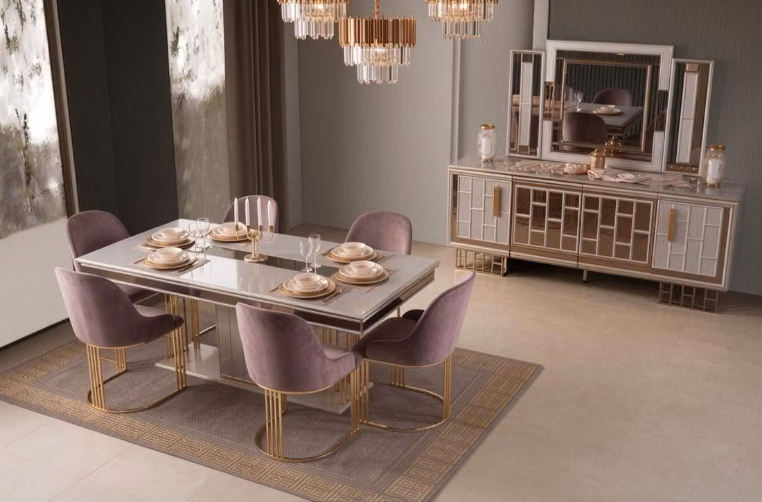 Set per sala da pranzo: tavolo, 6 sedie, consolle. Colore: beige. Stile: moderno ed elegante