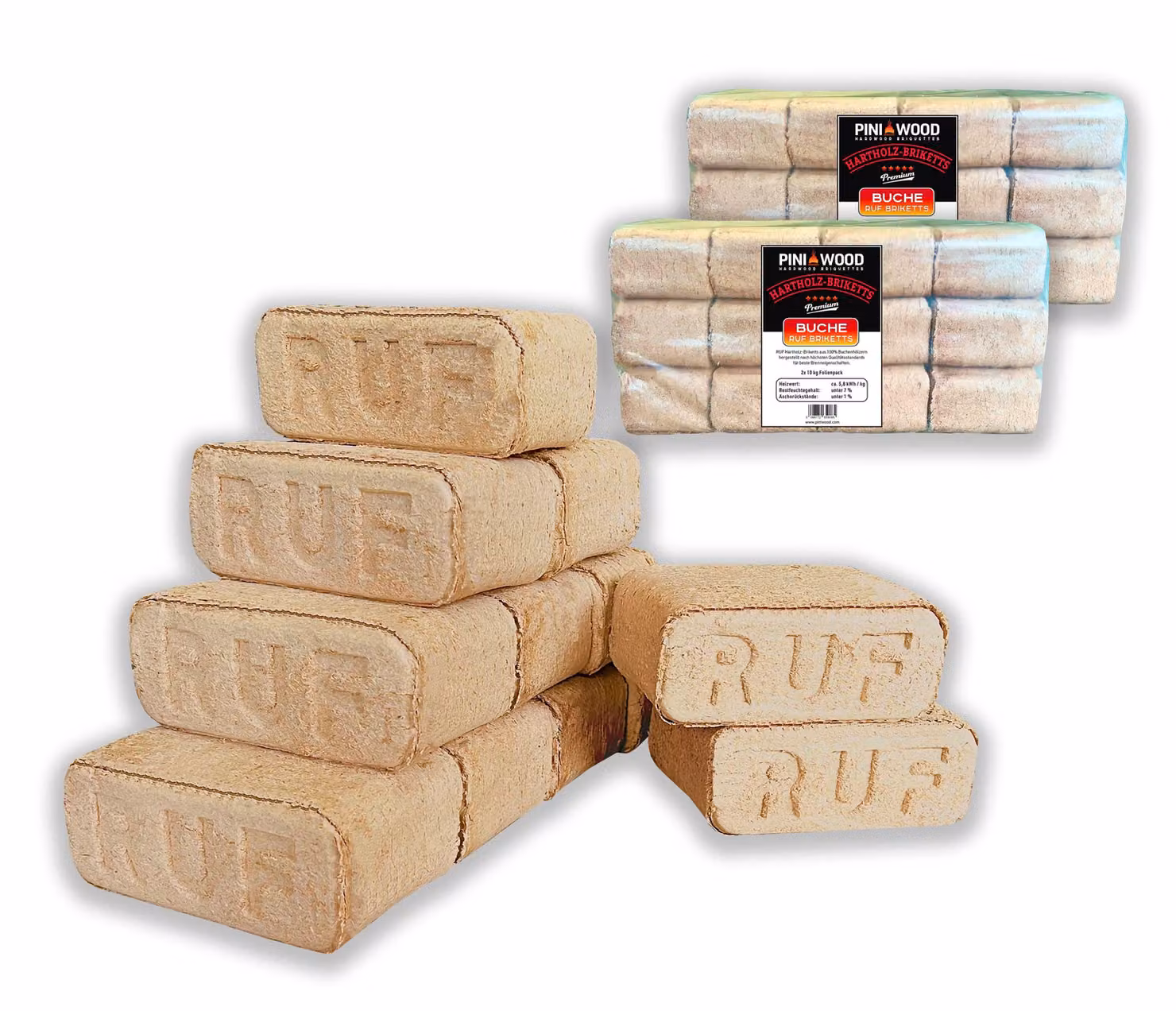 PINI 20 kg di bricchette di legno 100% faggio duro RUF Caminetto stufa barbecue camino legna da ardere, 24 bricchette