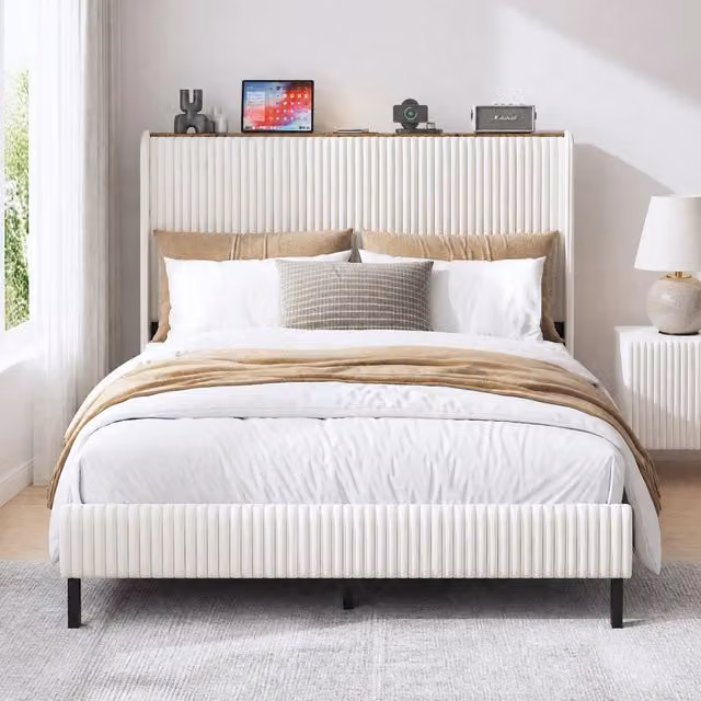 Letto matrimoniale 140x200 cm beige - testiera a ali, senza materasso