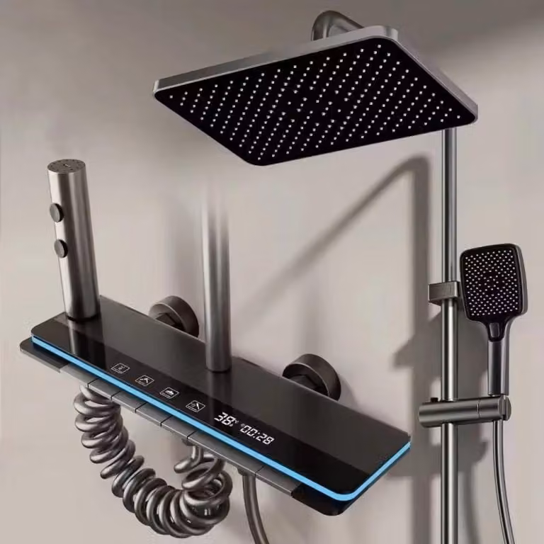 Set doccia digitale - Sistema doccia con miscelatore - Display LED - Pulsanti a sfioramento per regolazione acqua calda/fredda - Doccetta quadrata regolabile in altezza - Acciaio inossidabile spazzolato - Grigio