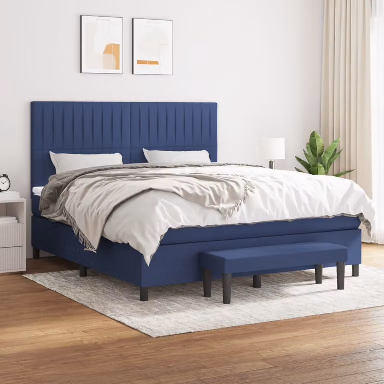 vidaXL Giroletto a Molle Ibrido con Materasso in Tessuto Blu e Bianco L/P/H: 180 x 200 cm