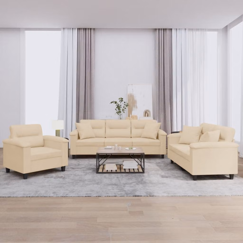 Set di divani vidaXL in microfibra beige con cuscini per soggiorno, composto da un divano a 3 posti e un divano a 2 posti con struttura in metallo e MDF