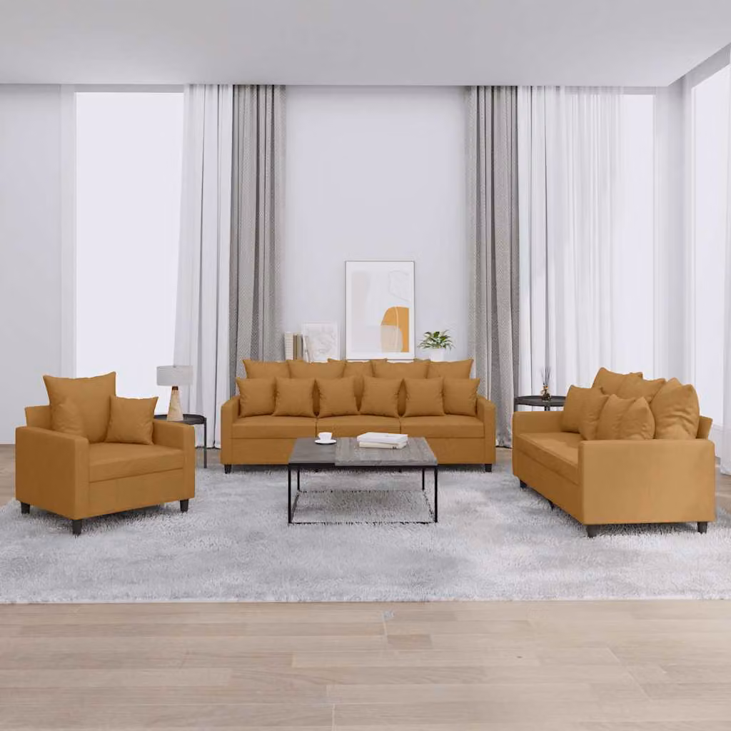 Set di divani 3 pezzi vidaXL in velluto marrone con cuscini per soggiorno moderno – 1