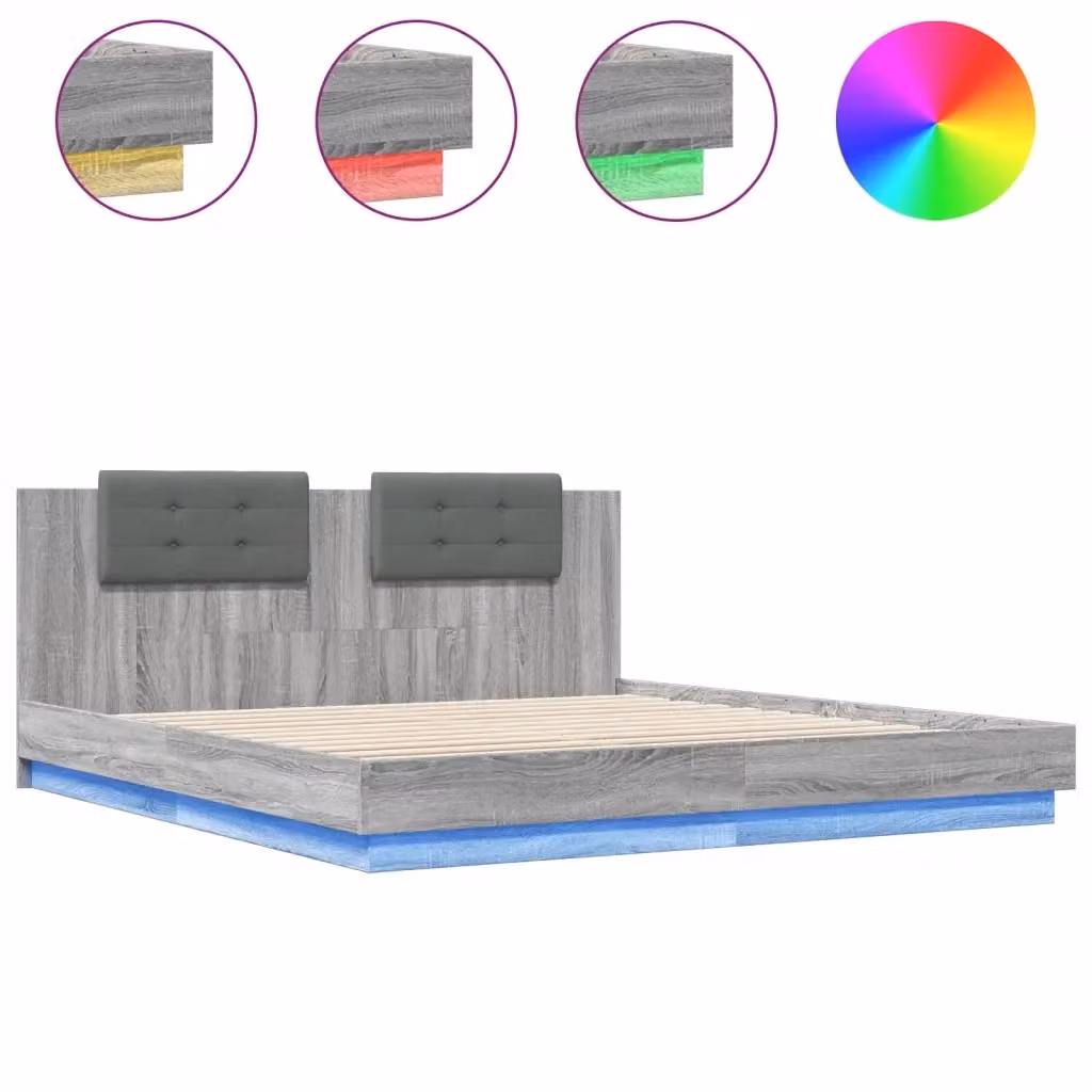 vidaXL Giroletto con Testiera, Illuminazione LED e Porte USB, Grigio Sonoma, 160 x 200 cm – 2