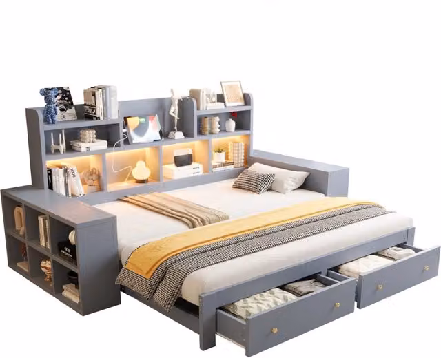 Divano letto estraibile 90/180x200 cm con cassetti; LED e presa; in MDF grigio
