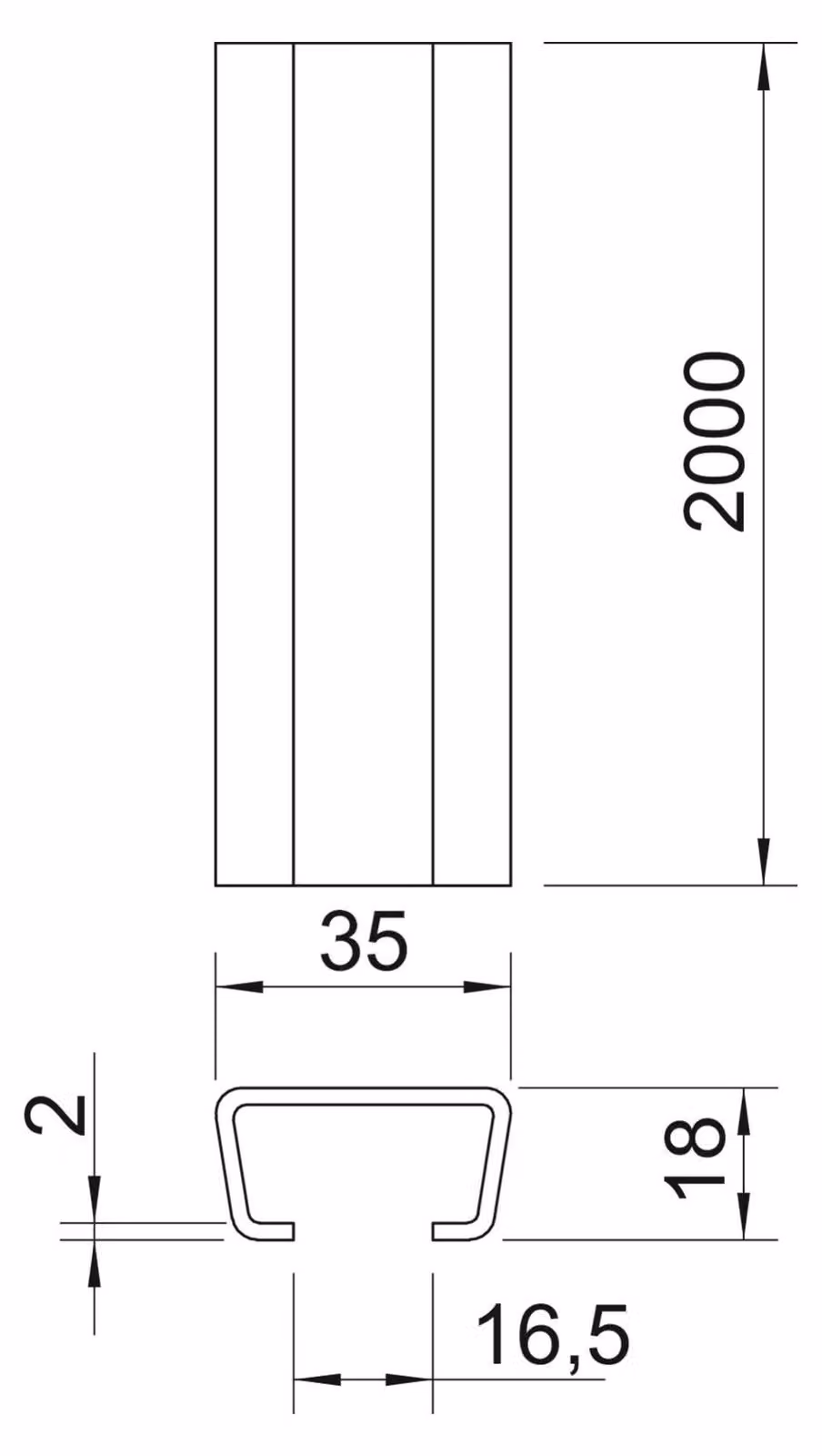 Guida profilata OBO non verniciata 2063 2M BK SW16,5 2000x35x18 pz. 1112023