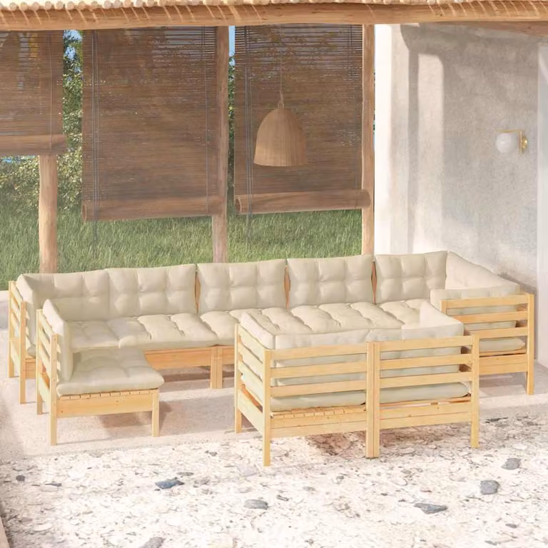 Set di divani da giardino vidaXL a forma di L composto da 9 pezzi in legno massello di pino con cuscini beige