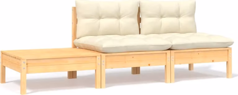 Set da lounge per giardino, composto da 3 elementi, con cuscini color crema, realizzato in legno massello di pino