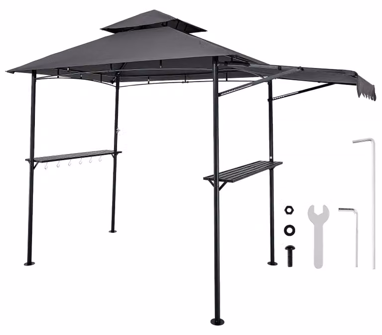 Gazebo per barbecue SucceBuy, 2430 x 1500 x 500 mm, copertura per barbecue da esterno, copertura per barbecue a 2 livelli, gazebo da giardino a doppio tetto con tenda da sole aggiuntiva, adatto per terrazze, cortili e giardini