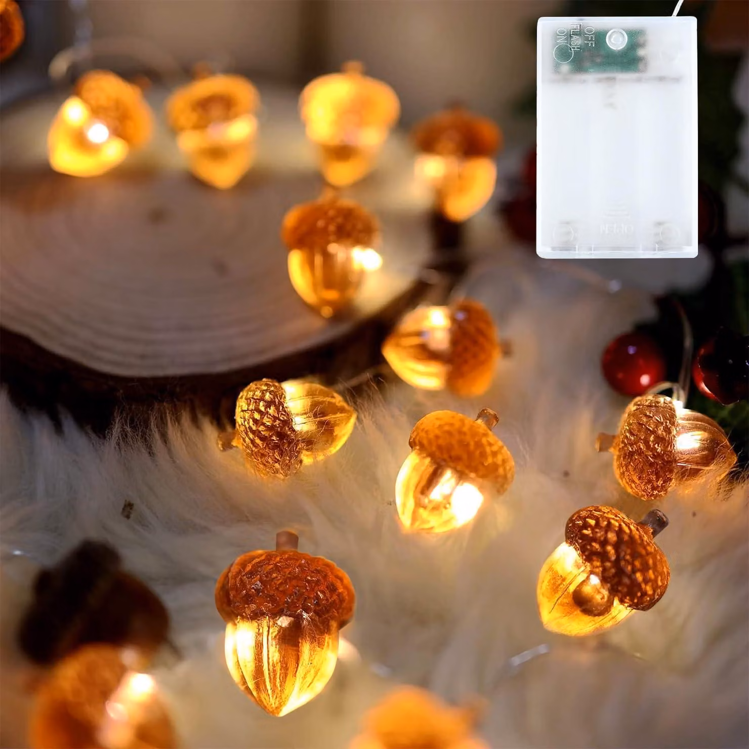 Catena luminosa autunnale, 3 metri, 30 LED, con frange, luce bianco caldo