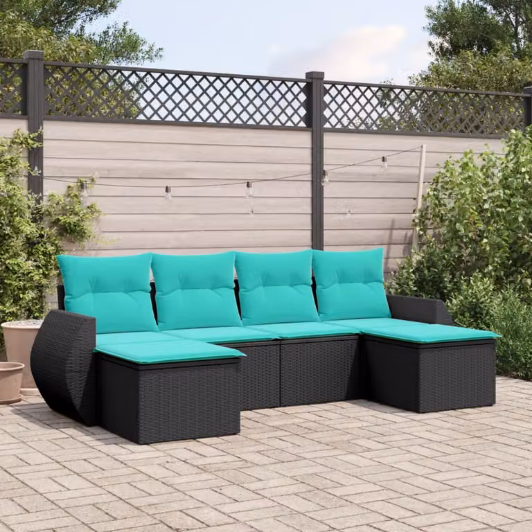 Set di divani da giardino vidaXL a forma di L composto da 6 pezzi con cuscini blu e struttura in polyrattan nero e metallo