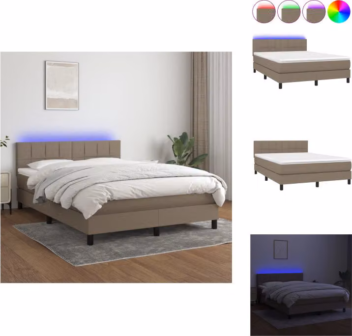 vidaXL Letto a molle con materasso e tessuto LED Taupe 140x200 cm - Letti & strutture letto