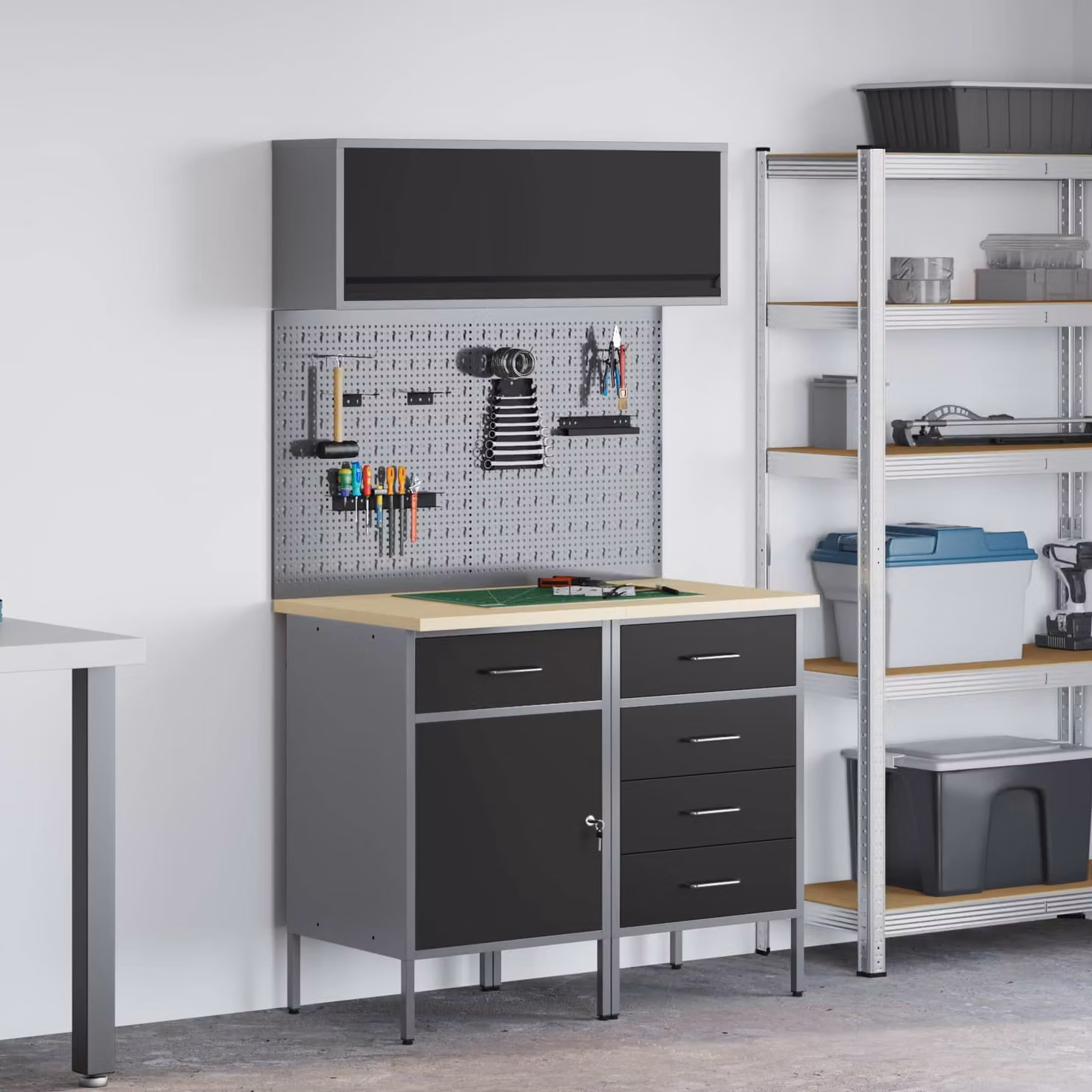 Set di mobili da lavoro vidaXL con scaffale e cassetto, 5 pezzi, Nero
