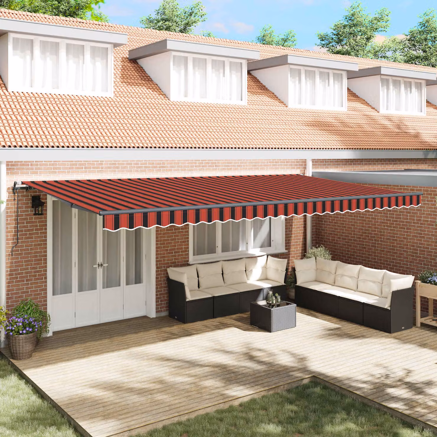 Tenda retrattile vidaXL con bracci pieghevoli in alluminio, arancione e marrone, L: 600 cm, P: 300 cm