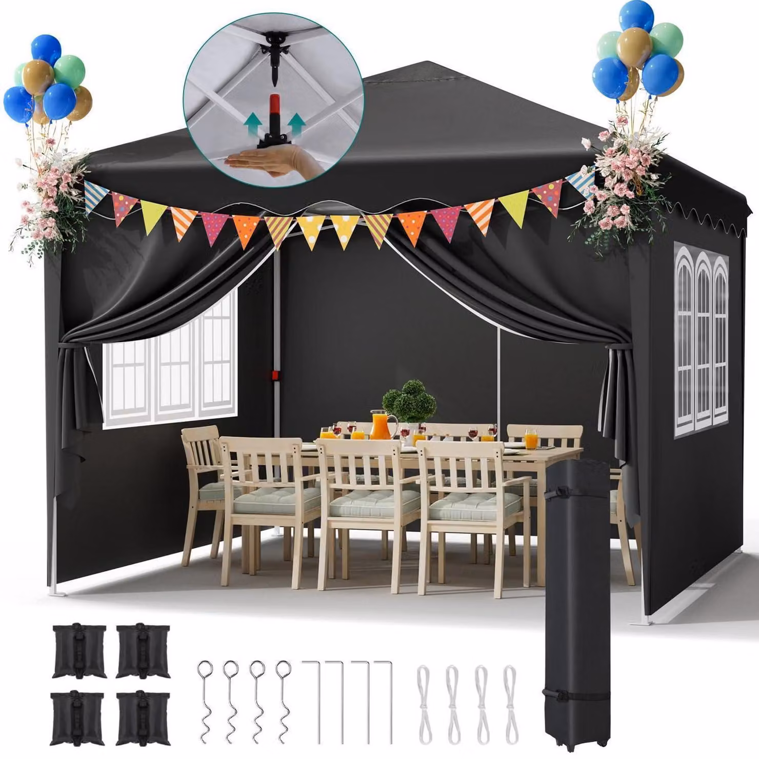 Tenda pop-up impermeabile 3x3 metri, con protezione UV 50+, colore nero, completa di sacchi di sabbia e borsa da trasporto con ruote