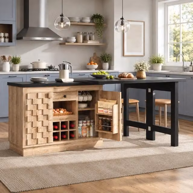Isola cucina girevole 360° con tavolo estensibile 120-197 cm; MDF e metallo