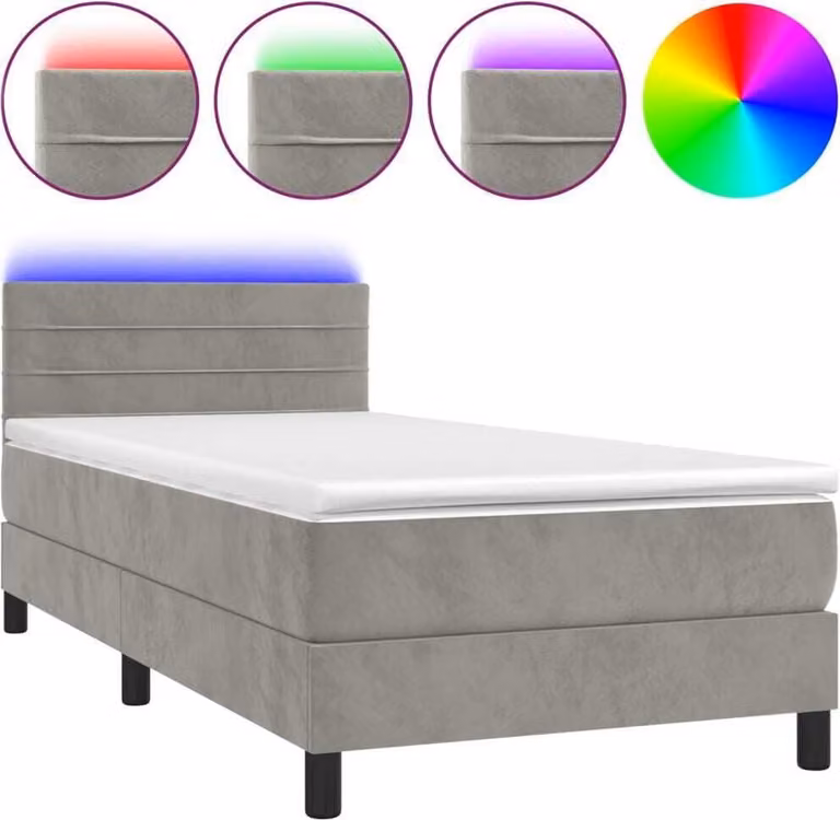 Letto a Molle con Materasso e LED Grigio Chiaro 90x200 cm Velluto