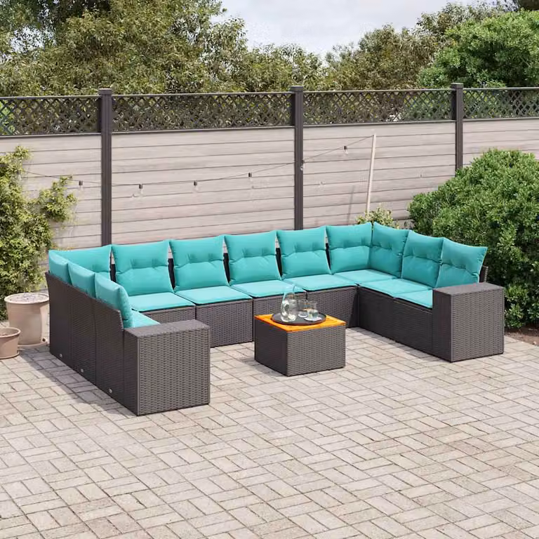 Set di divani da giardino vidaXL 11 pezzi in polyrattan con cuscini e tavolino da esterno, forma a U, colore nero e blu
